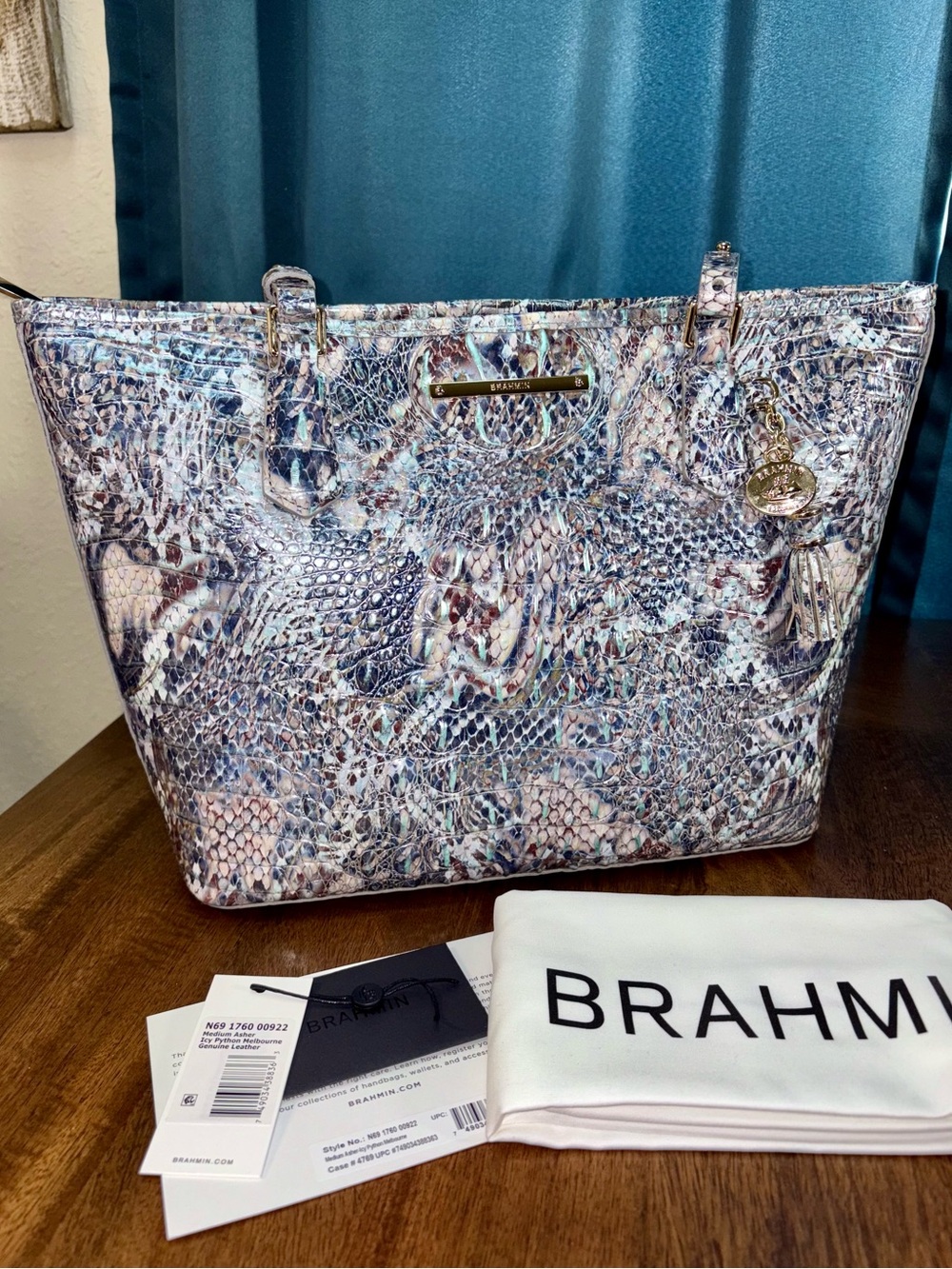 Brahmin NWOT Md Asher - Icy Python - Metallic Mint Accents - Retired, HTF